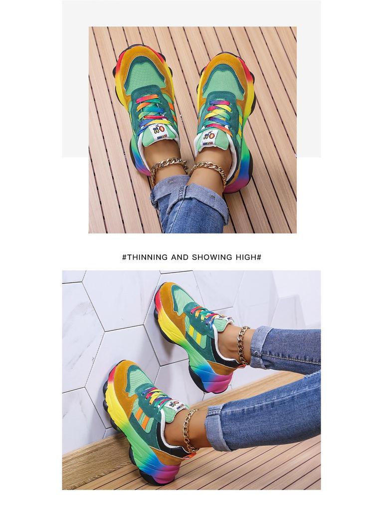 Large Size Women's Lace-Up Breathable Casual Shoes with Rainbow Sole
