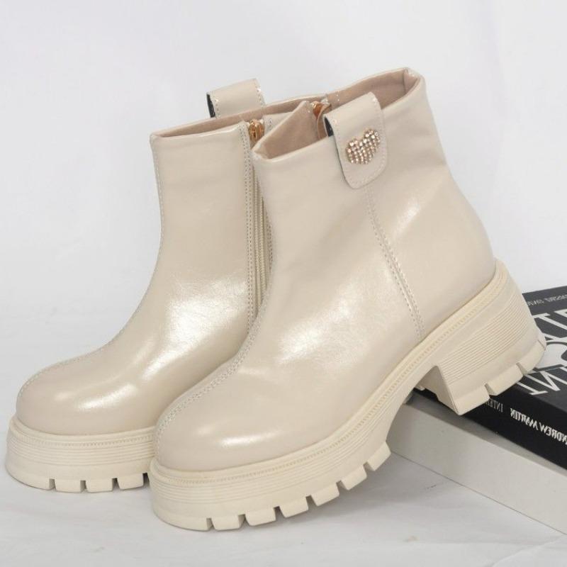 

Fashion Women s Thick Heel Cotton Boots Winter New Round Head Side Zipper Metal Buckle Thick Sole Anti-slip Wear-resistant Short Boots 39 бежевый