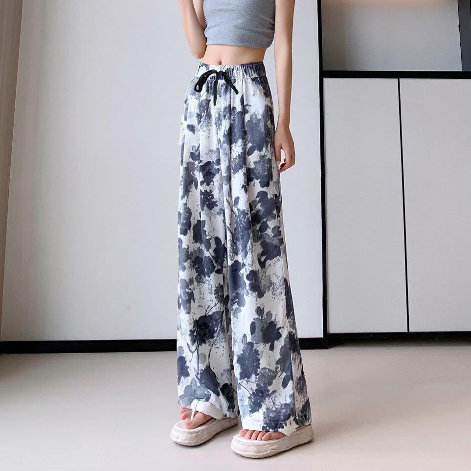 Ice silk wide-leg pants women's summer thin new Chinese ink cool pants high-waisted casual pants trousers women's clothing