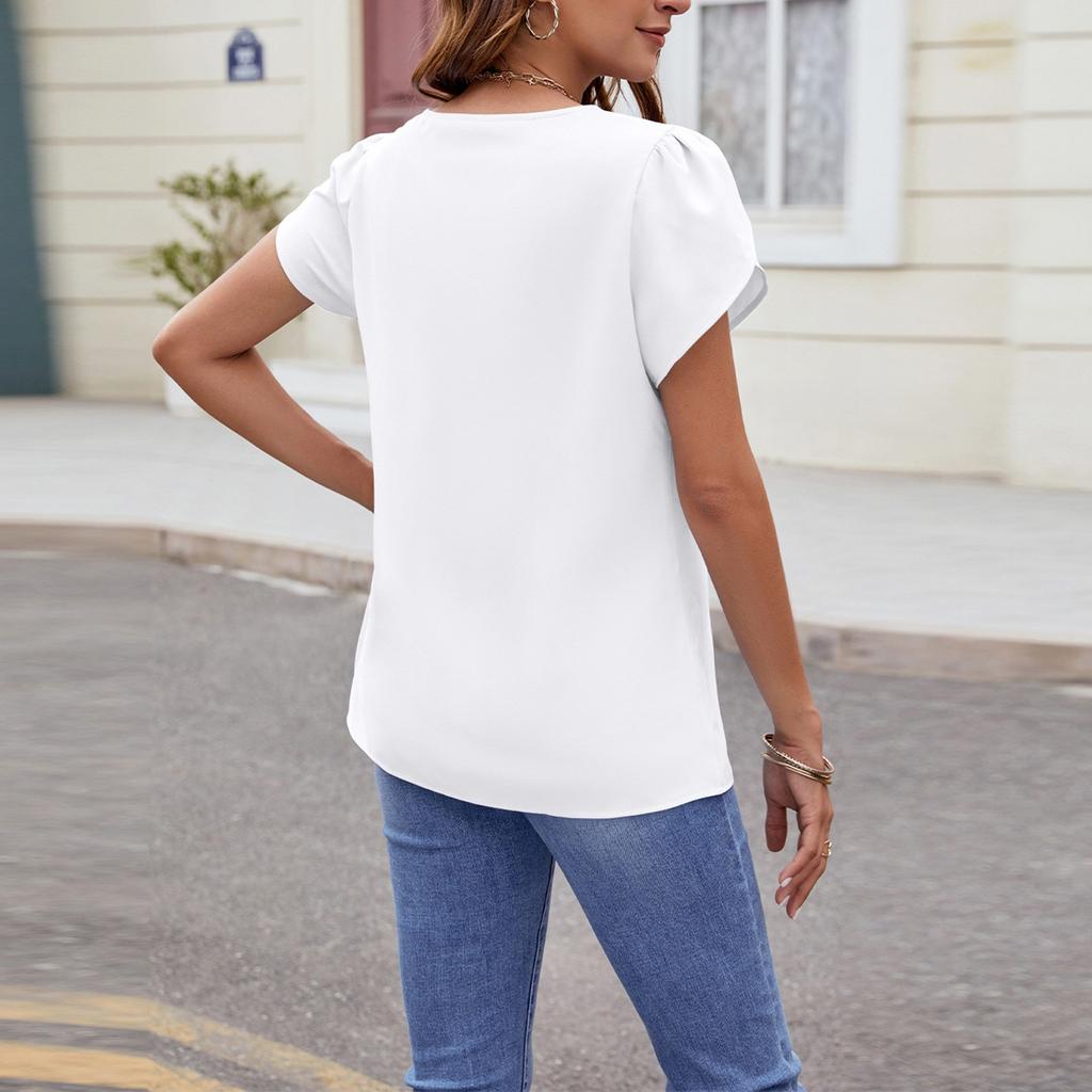 Frühling und Sommer neue einfarbige V-Ausschnitt Kurzarm lose Chiffon Shirt Perle Top