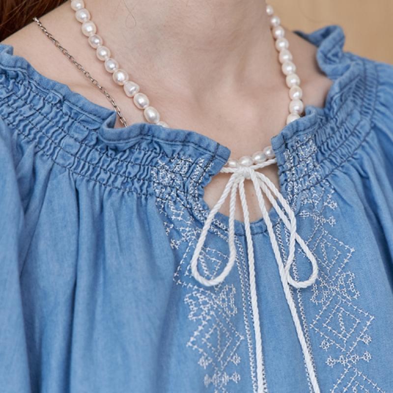 Maxza Ethnic Embroidery Puff Sleeve Denim Blouse Ze07qb006nh