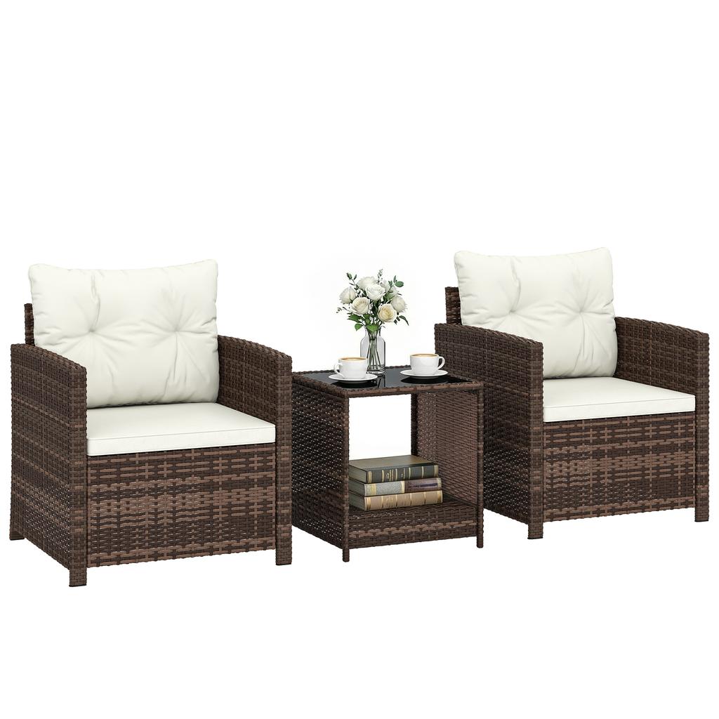 Rattan Bistro Set 3 Piece Garden Furniture Set With 2 Armchairs 2 Tier Glass Table Removable Seat Cushions Cream White