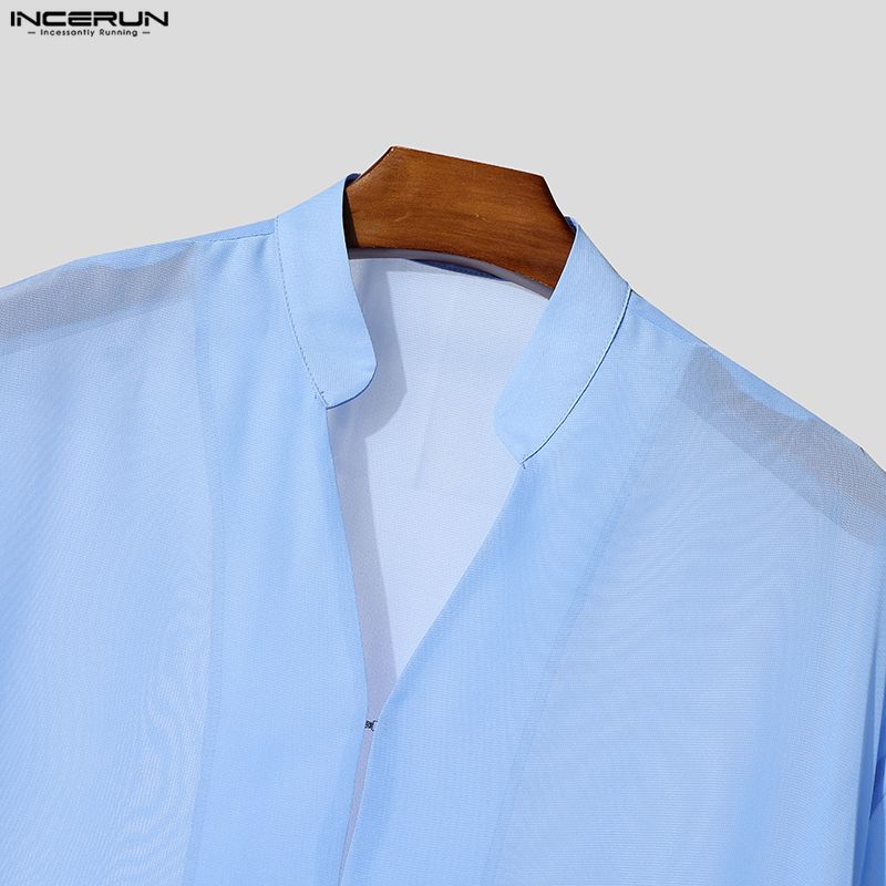 INCERUN Oversized Summer Men 3/4 Sleeve See Through Mesh Sheer Long Shirts Tops