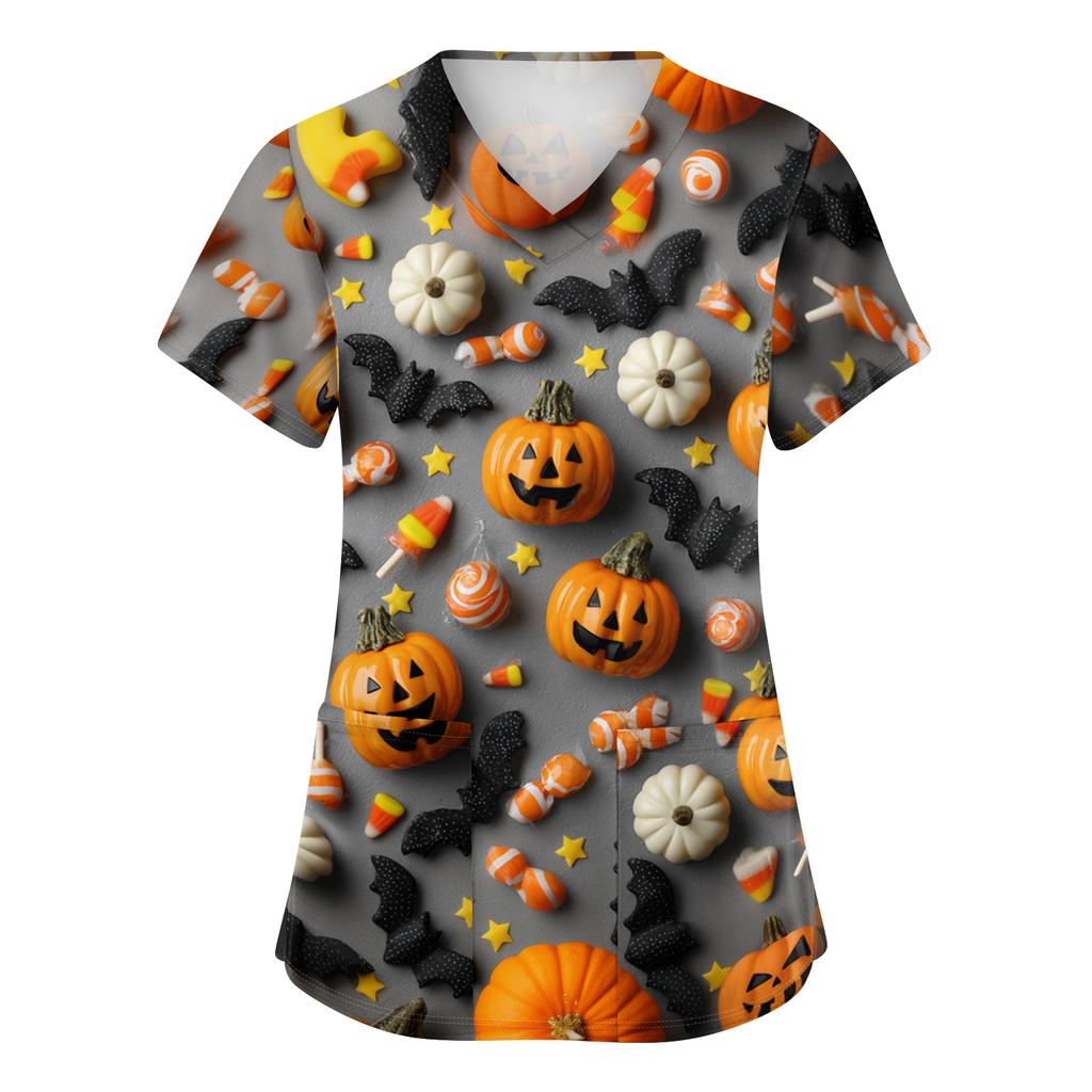 Women's V-Neck Short Sleeve Scrub Top with Pockets Halloween Print Uniform for Work