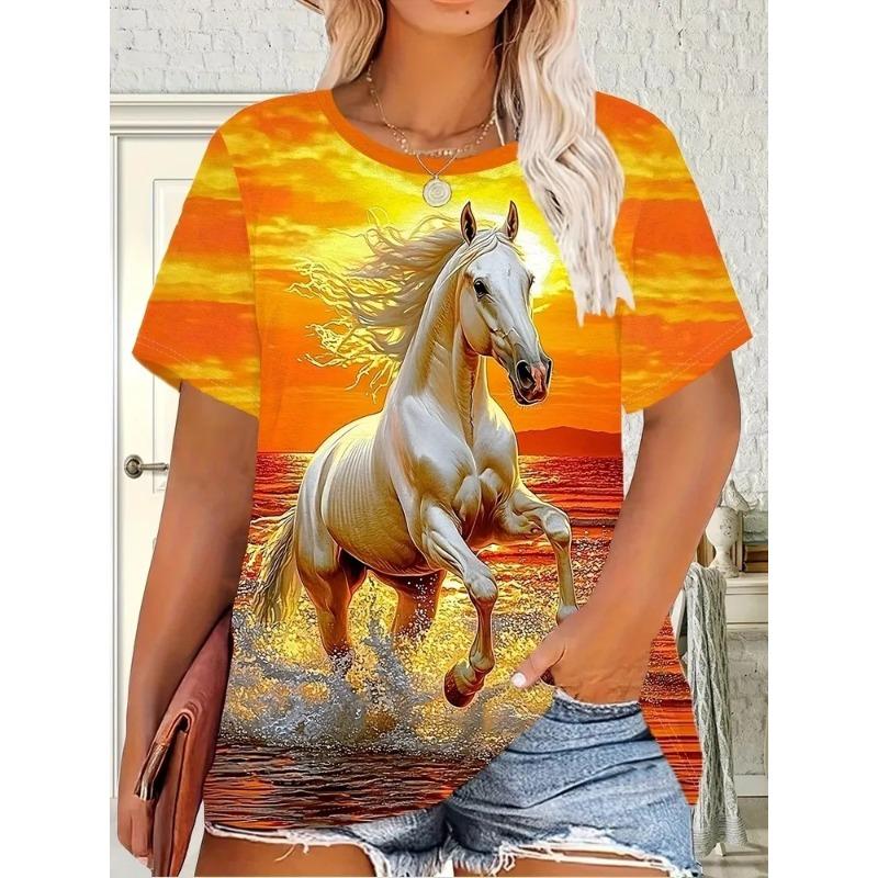 Haut décontracté à manches courtes et col rond avec imprimé animal cheval pour femme