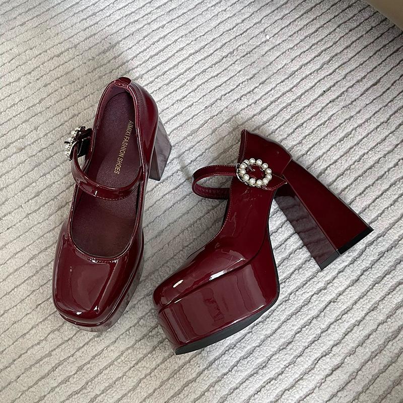

Туфли женские кожаные на высоком каблуке в стиле ретро 2025 года, универсальные туфли Мэри Джейн с неглубоким горлом и круглым носком 39 бордовый