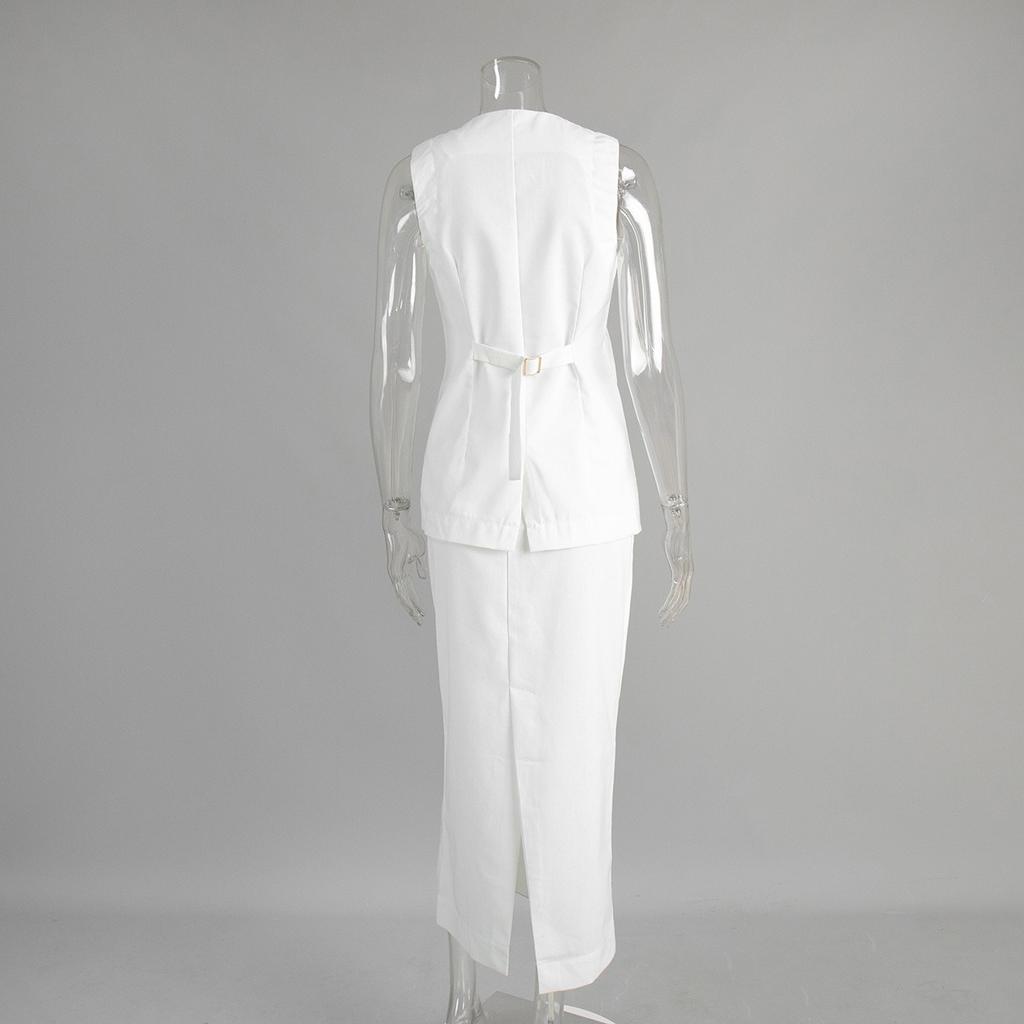 Frühling Sommer Neues Damen Leinen Freizeit Set Einfache Ärmellose Weste + High Waist Rock Zweiteiliges Outfit Europäischer Amerikanischer Stil