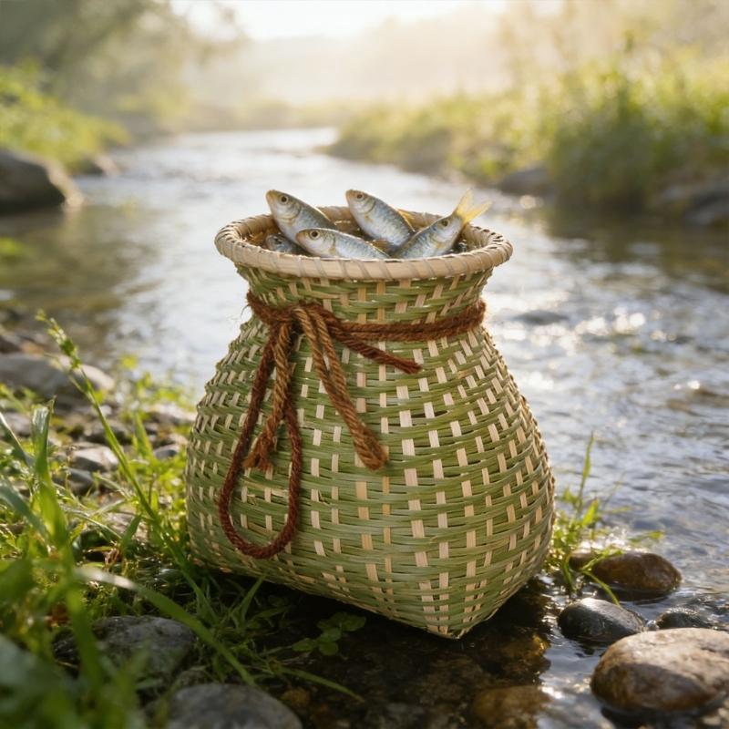 Handwoven Bamboos Fishing Basket and Flower Vases Traditional for Outdoor Lover and Home Decoration