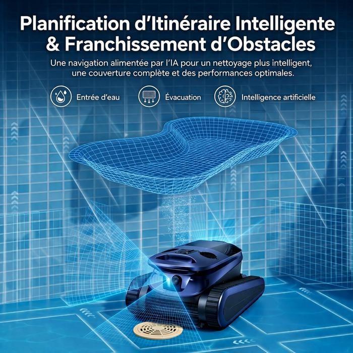 Robot Piscine sans Fil, 240Min&300m² d'Autonomie, Nettoyage Sol/Parois/Ligne d’eau, Double Filtration Ultra-Fine, Bac 3.7L avec APP