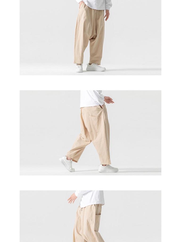 2024 Autumn/Winter Men's Cotton Linen Harem Pants - Chinese Style Patchwork, Casual Wide-Leg
