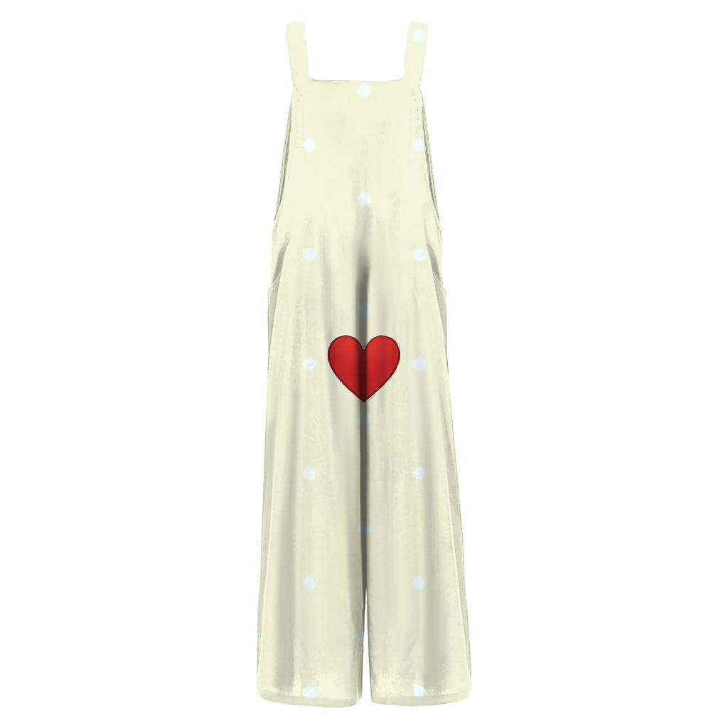 Women's Valentine's Day Printed Casual Loose Retro Cotton Linen Overalls With Pockets