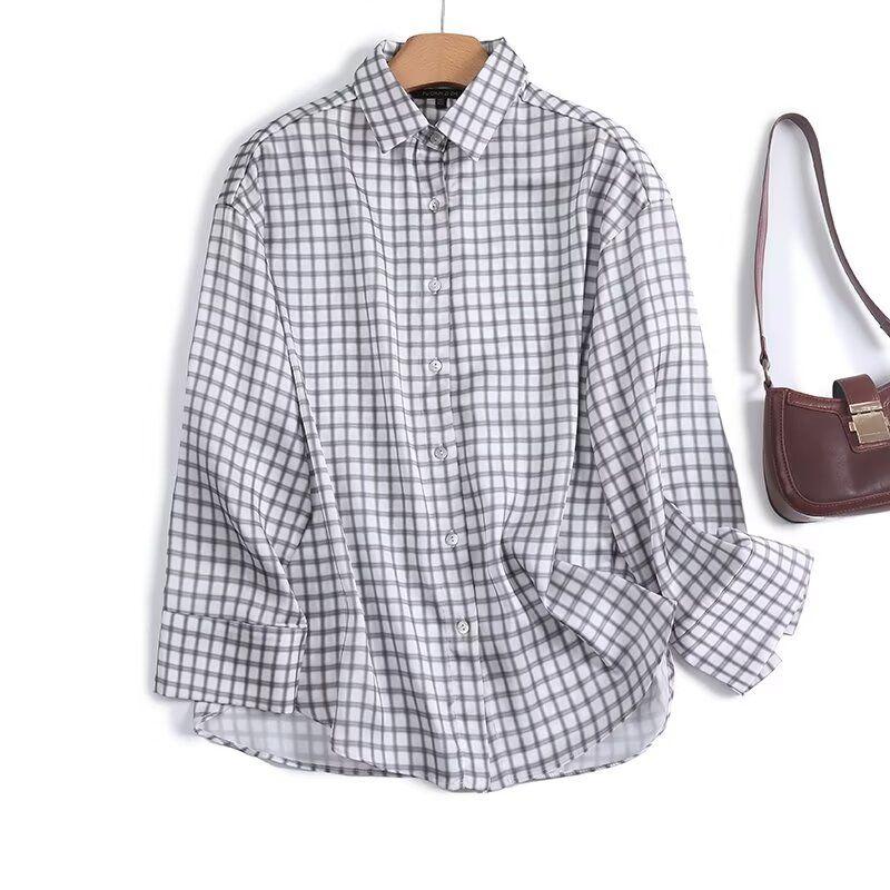 

MD Women clothes Spring/Summer New French style Elegant Commuter Style Drape Elegant Plaid Long sleeve Shirts 05135894201 Pearl Gray L