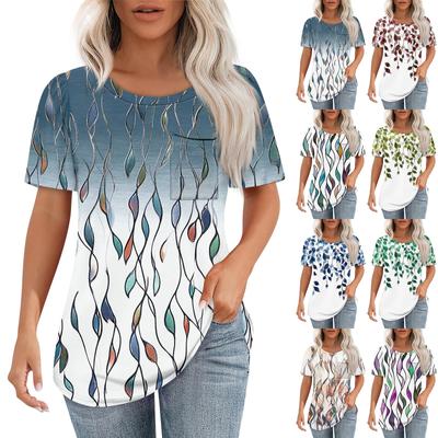 T-Shirts für Damen, plissiert, Rundhalsausschnitt, elegant, lässig, Blusen, bedruckt, kurzärmelig, Sommeroberteile, lockere Passform