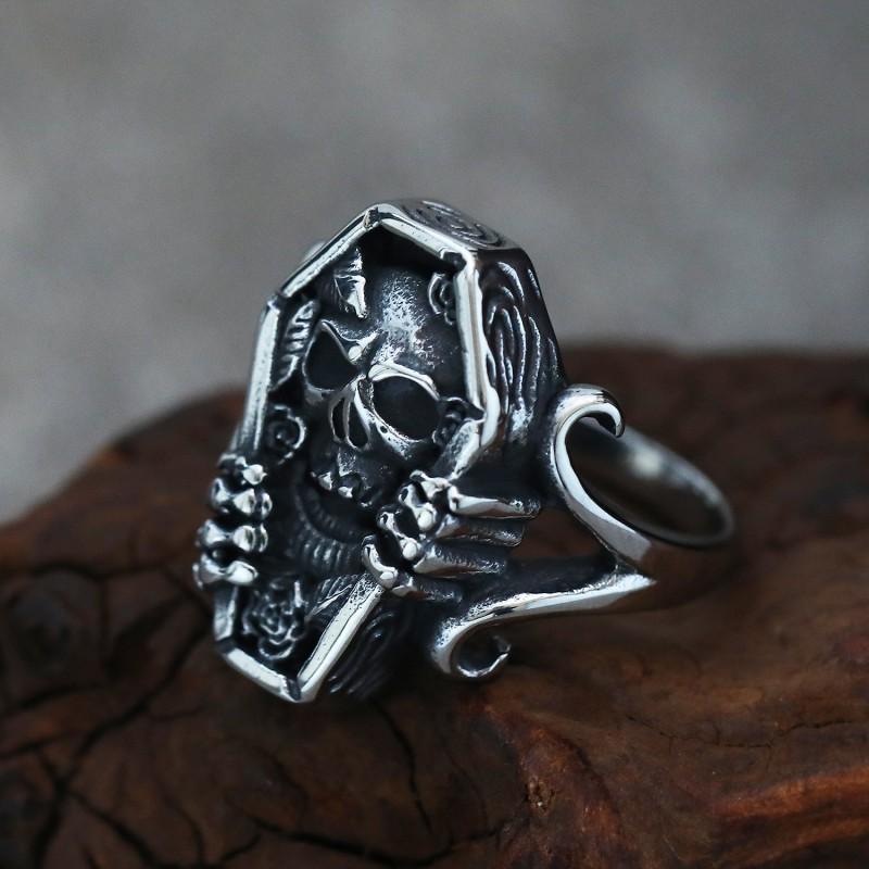 Adjustable Skull Coffin Ring In Antique Sterling Punk Gothic Unisex Jewelry