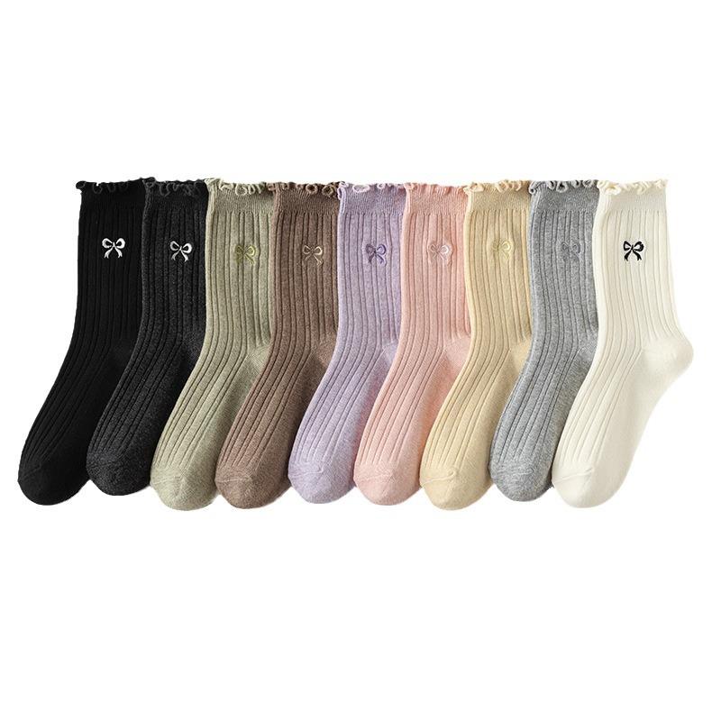 Ladies Spring and Autumn Thin Wooden Ear Embroidered Bow In The Tube Pile Pile Cotton Socks