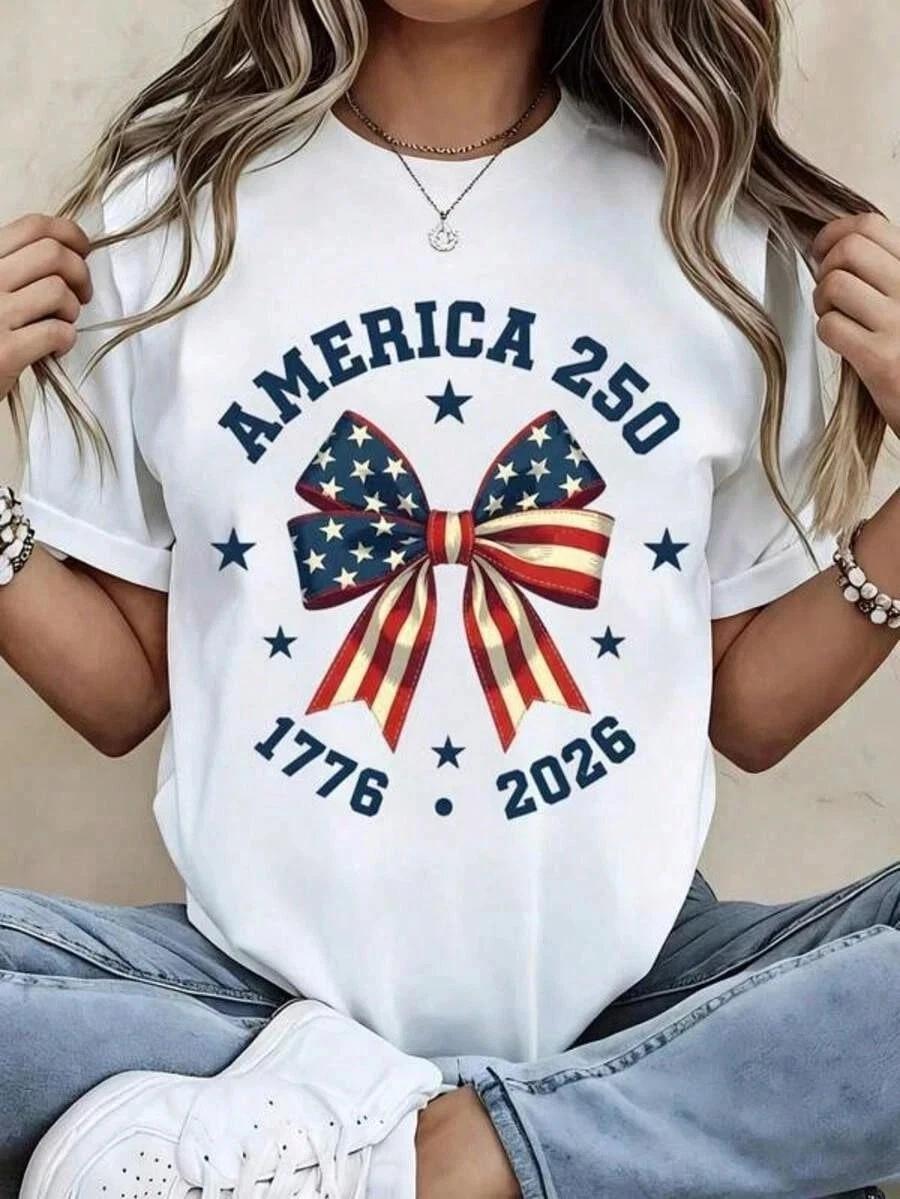 America 250 Patriotic Bow Flag Print 1776 2026 Short Sleeve T-Shirt XL