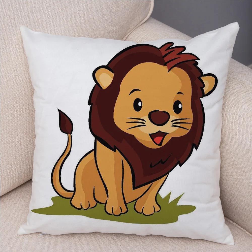 Short Plush 45*45 cm Cute Lion Pillow Case Cartoon Animal Square Cushion Cover for Sofa Home Decorative Printed Throw Pillowcase