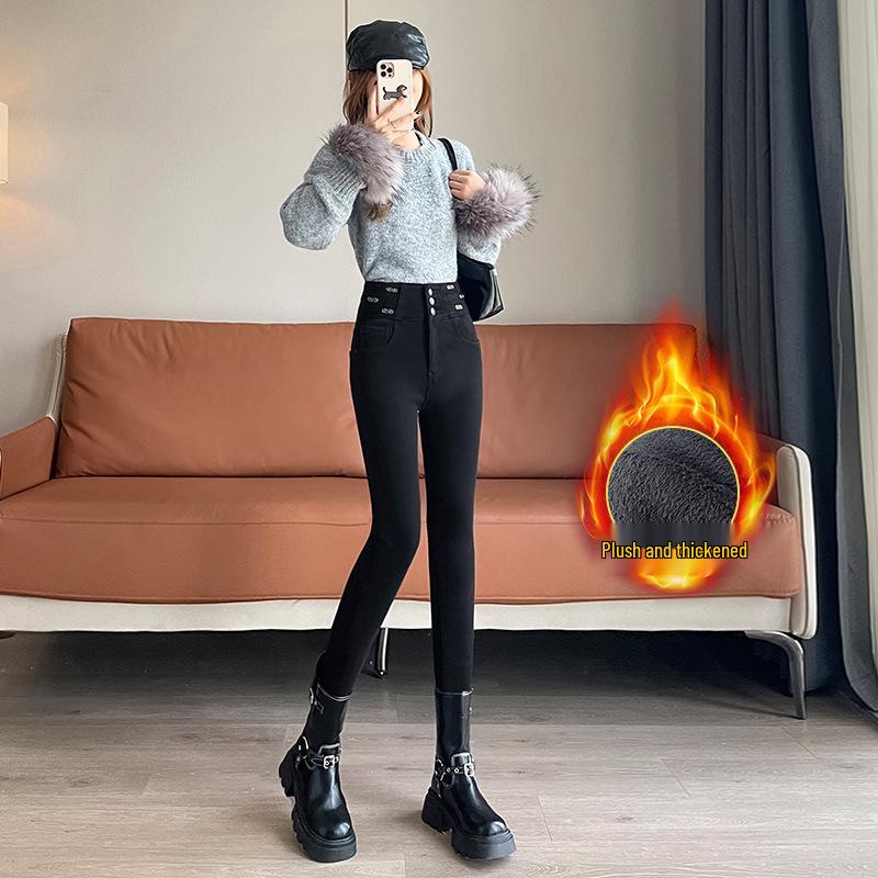 

Women s High-Waisted Skinny Fit Button-Up Jeans, Winter Style, Plus Velvet, Thickened, Stretchy, Fashionable Slimming Flared Hem. XL (119-128 lbs)
