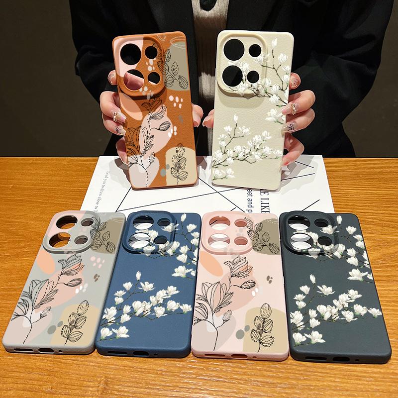 Simple Plant Floral Print TPU Matte Leather Texture Slim Phone Case For Xiaomi 13T Pro Poco X6 M6 Pro Redmi Note 14 Pro 13 12 11 Soft Shockproof Cover