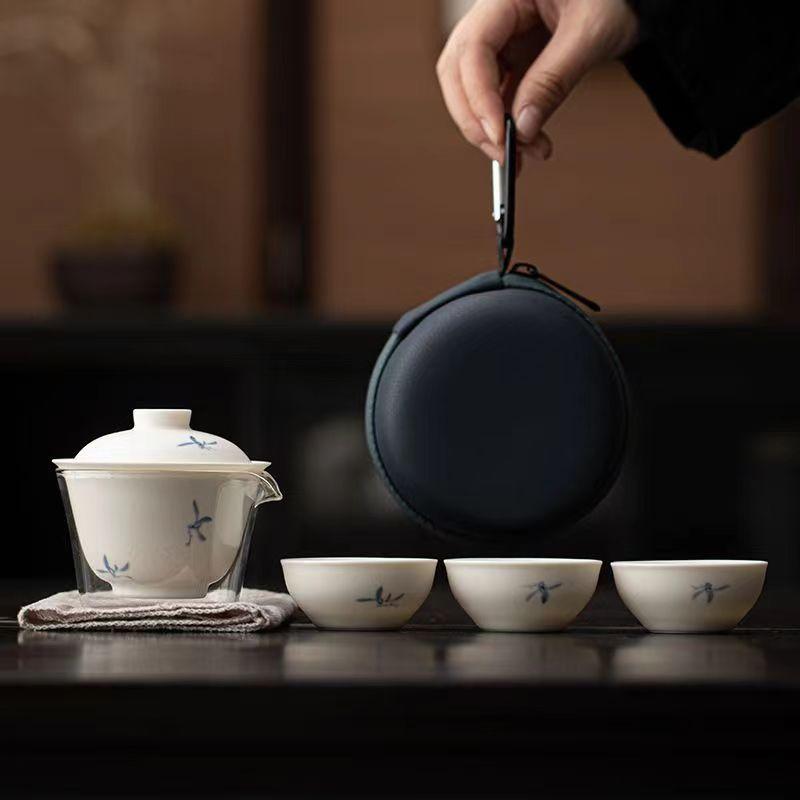 

Hand Painted Orchid Travel Tea Set Suit Portable Portable Outdoor Tea Making Gaiwan Ceramic One Pot Fills Three Cups
