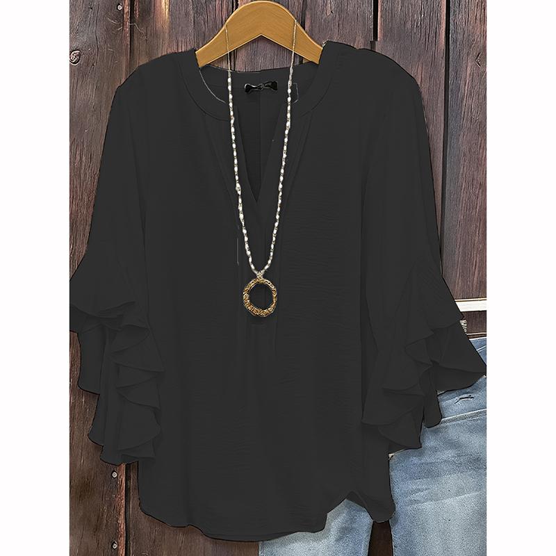 Camisa Holgada de Moda para Mujer Cuello en V Manga de Loto Color Sólido Camisa Casual de Negocios Elegante