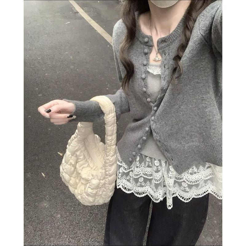 

Korean Series Retro Gray Knit cardigan Women Spring and Autumn New Design Sense Top Western Style Unique Chic Sweater Outerwear Gray S