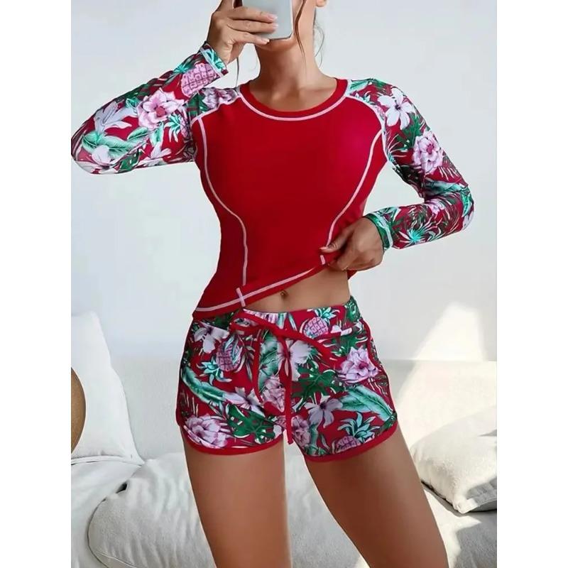 New Long Sleeve Surfing Wetsuit Digital Print Flat Angle Bikini Set Women's Swimming Costume Diving Suit