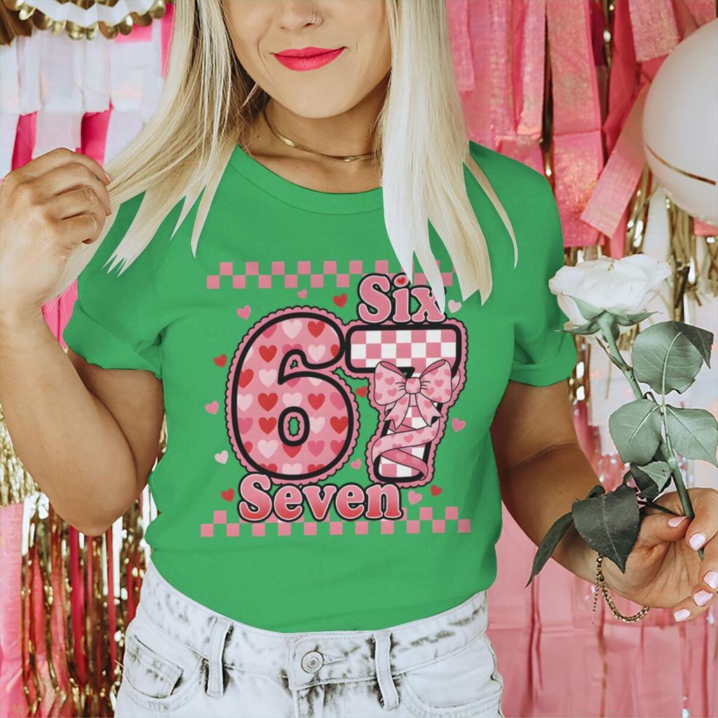Vintage Grid Number 67 Sweet Coquette Bow Valentine's Day T-shirt Women Men Funny Six Seven Trend Y2K Tees Tops Gift