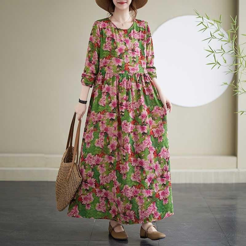 Vacation Style Round Neck Vintage Long Flesh Covering Dresses