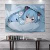 Kawaii Anime Girl Peeking Tapestry  Light Blue Wall Hanging with Cute Chibi Cat Ideal for Pastel Otaku Bedroom Decor