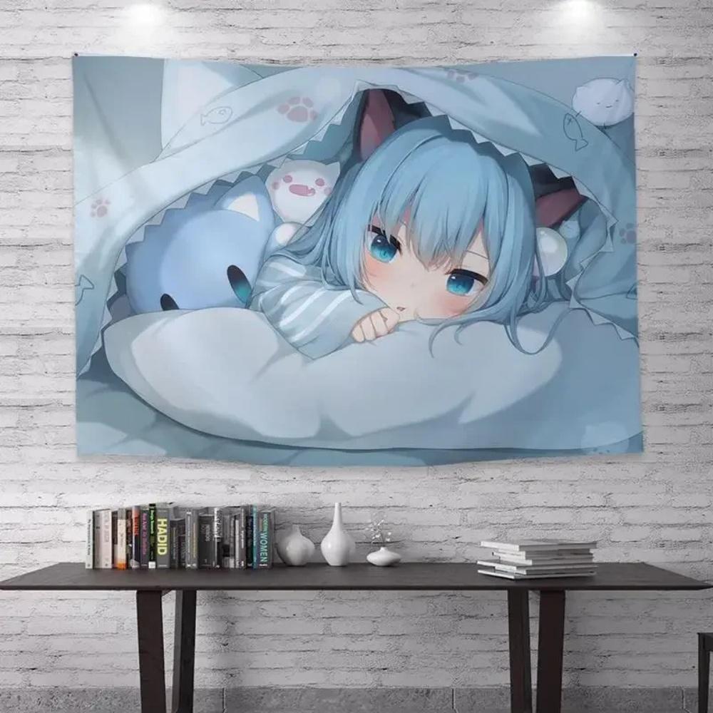 Kawaii Anime Girl Peeking Tapestry Light Blue Wall Hanging with Cute Chibi Cat Ideal for Pastel Otaku Bedroom Decor