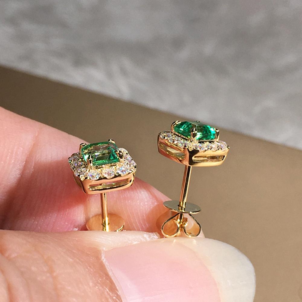 Huitan Eternity Green CZ Stud Earrings for Women Gold Color Luxury Bride Wedding Earrings Elegant Ear Accessories Party Zircon