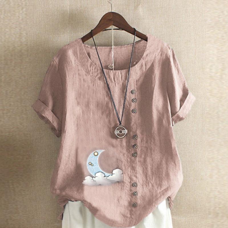 Women's Fashion Round Neck Short Sleeve T-shirt Casual Cotton Linen Graphic Shirt Leisure Loose Moon Prined Summer Blouse Tops