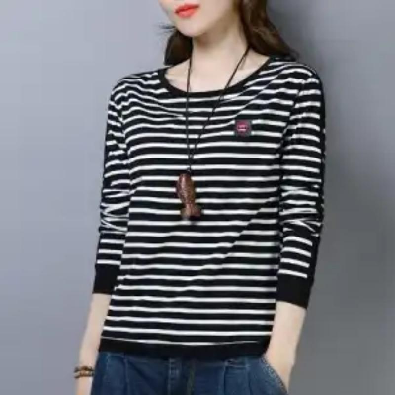 Pure Cotton T-shirt Women's Long-sleeved 2025 Autumn New Striped Loose Women's Tops Casual Loose Versatile Pullover