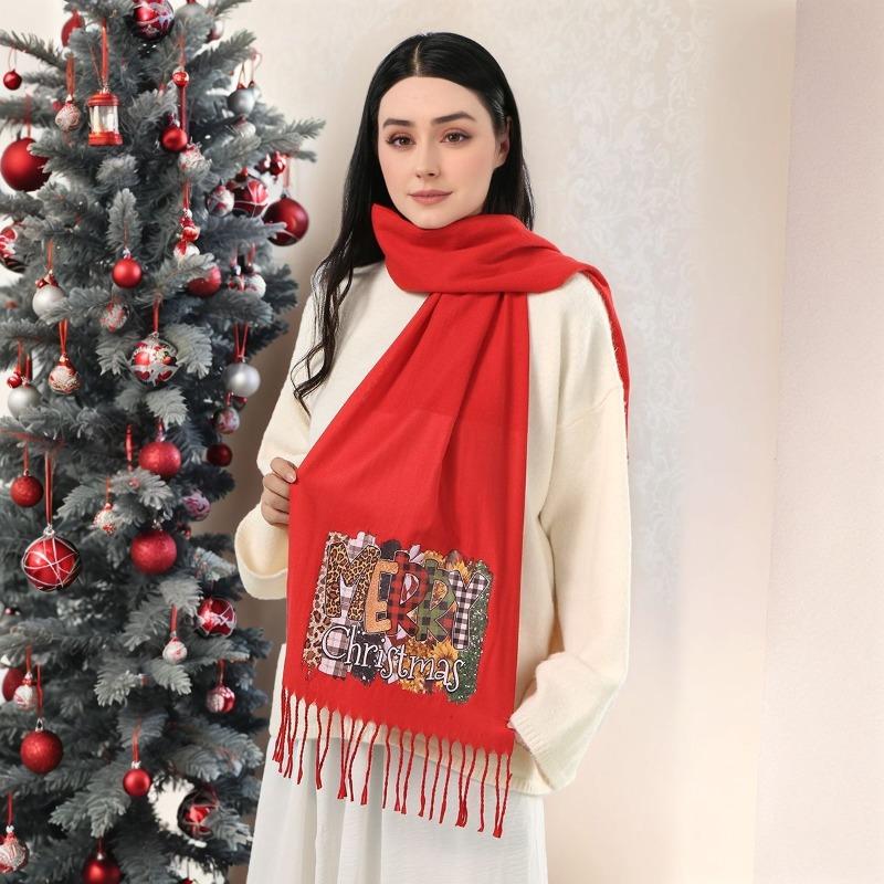 Winter Christmas Red Versatile Elk Print Imitation Cashmere Thickened Warm Fringed Scarf Autumn and Winter Men and Women