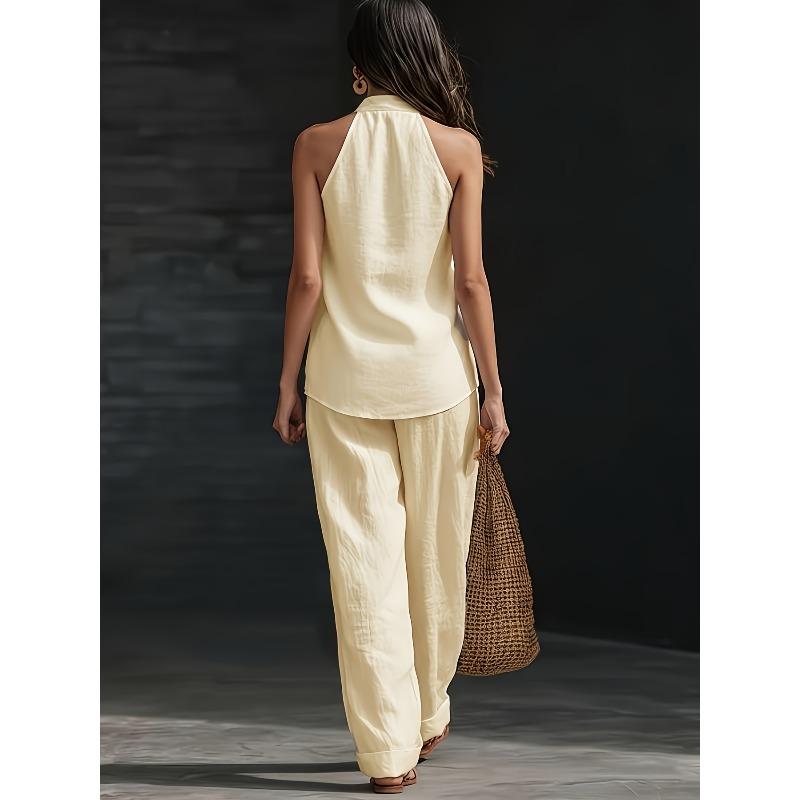 Set 2 Pezzi 2026 Stile Vacanza da Donna e Set Collo in Lino Top Senza Maniche Scollo a V Lento Pantaloni a Gamba Larga Set Due Pezzi