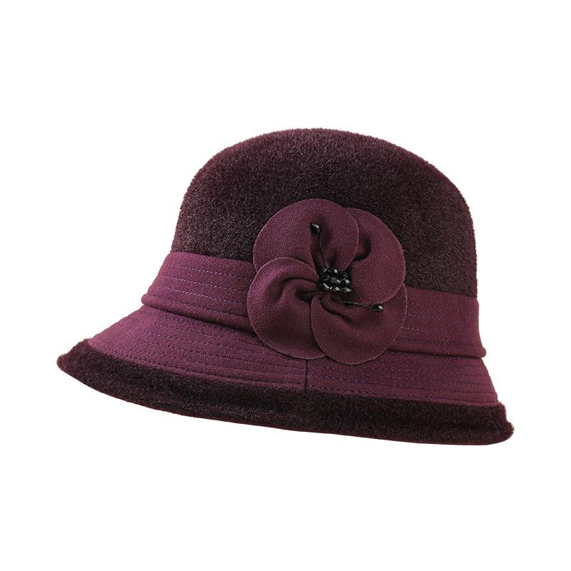 Middle-aged hat women's winter mink warm bucket hat mother autumn and winter versatile flower top hat British fashion pot hat