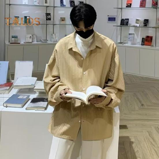 Herren Hemd Locker Einfarbig Umlegekragen Strickjacke Einreihig Herbst Frühling Top Mittellanges Streetwear Hemd