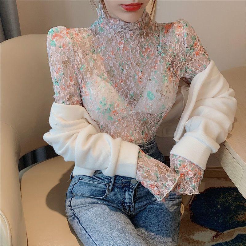 Autumn Sexy Perspective Long Sleeve Half High Neck T-shirt Carefully Machine Broken Flower Mesh Lace Bottom Shirt Women's Top