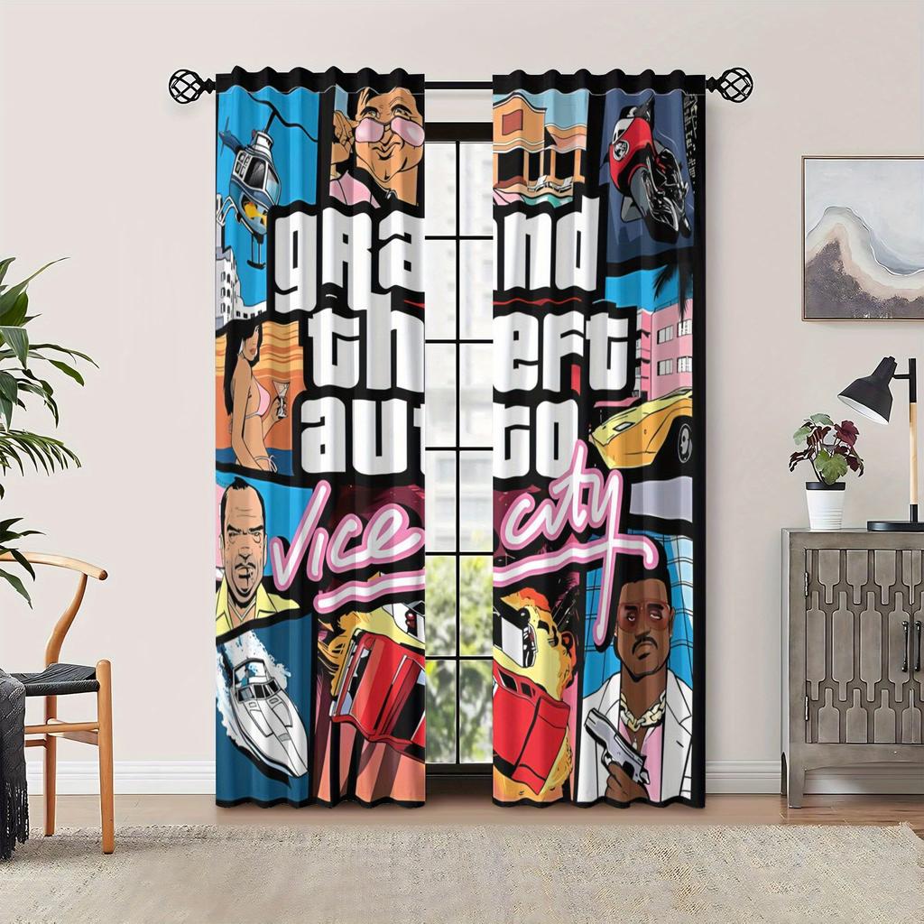 Tende Oscuranti a Tema Retro Gaming Gta Vice City - Poliestere Lavabili in Lavatrice Tende con Tasca per Asta Con Vivace Grafica di Gioco