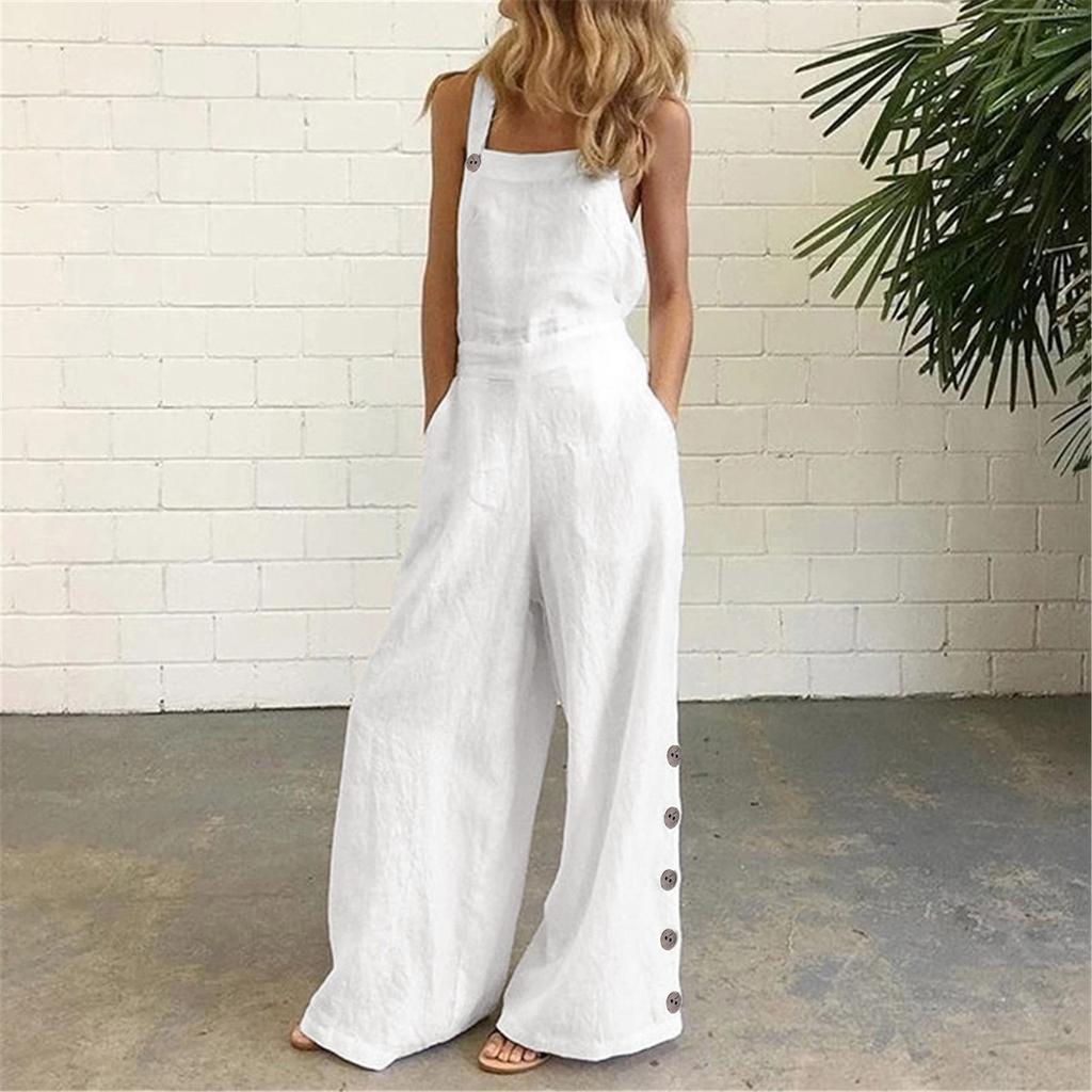 Women'S Retro Art Color Sleeveless Side Pocket Casual Wide Leg Side Buckle Jumpsuit