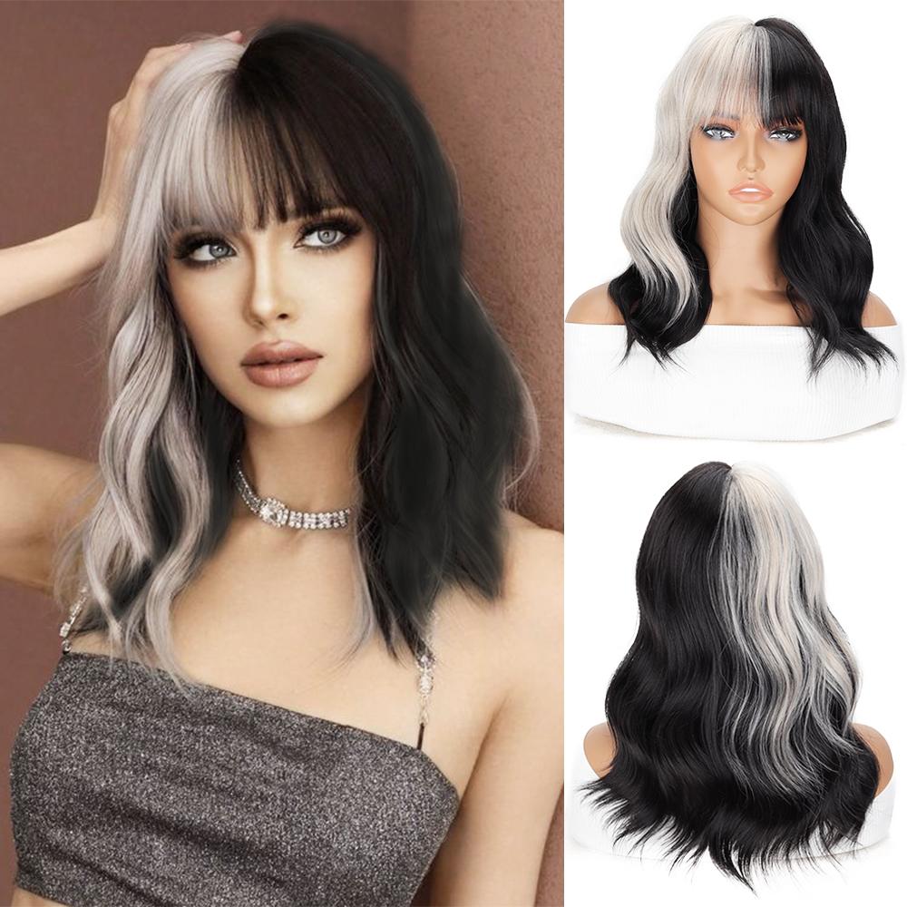 LISI HAIR Synthetic Short Highlight Wigs Black Mixed White Wig With Bangs Extensions Wavy Wig For Women Daily Party Use