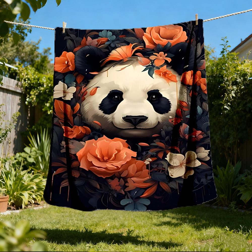 1pc Panda Floral Decor Throw Blanket Polyester Fiber, Lightweight Flannel, Soft & Warm, All Season Use for Outdoor, Camping Digital Print