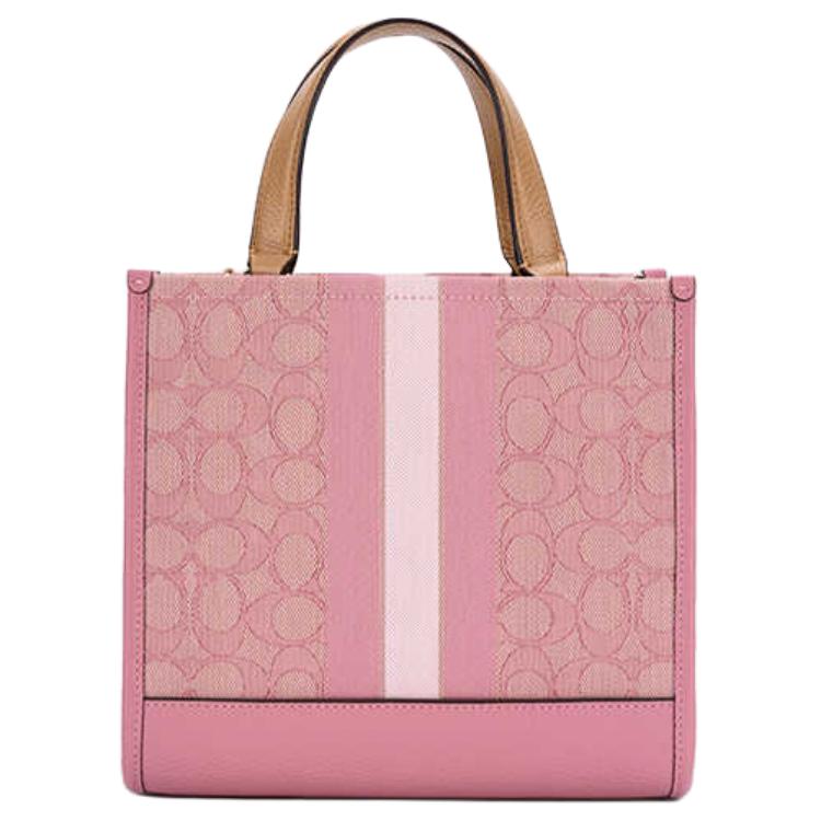 Coach Dempsey 22 Monogram Stripe Logo Accent Fabric And Leather Tote Bag Women tote Pink Latte CQ878-IMXCV