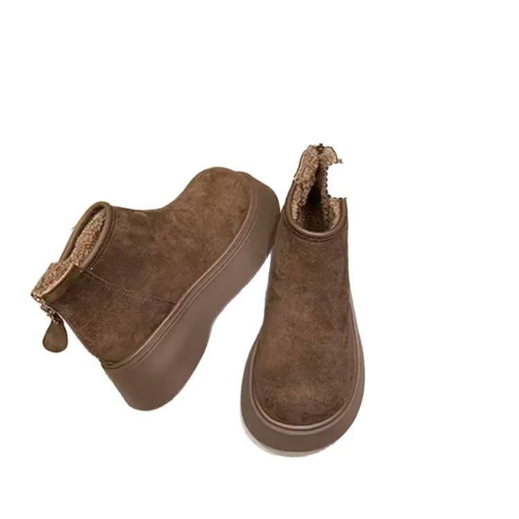 Suede round head thick bottom fleece warm Birkenstock short boots 2025 winter new British wind two cotton snow boots women