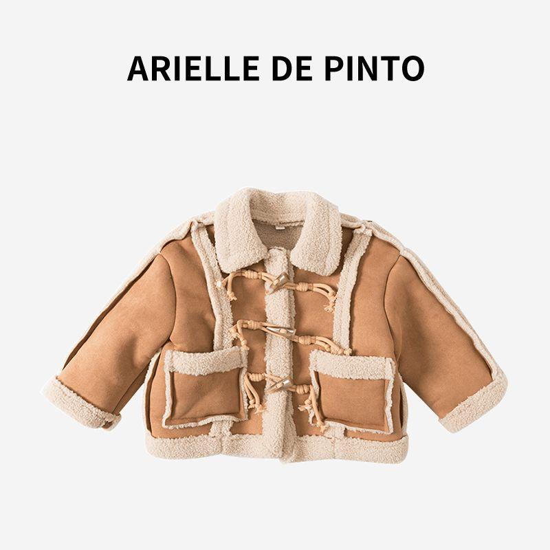 French Arielle De Pinto Girls  Melard Lamb Wool Coat, Sweet and Cute Winter Clothing for Girls Light brown 140