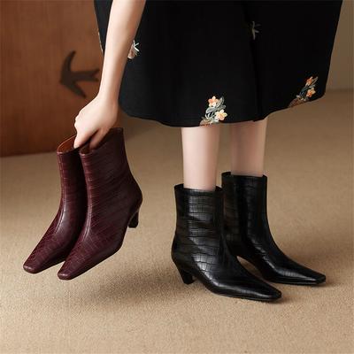 Mode Herbst Winter Spaltleder Damenstiefel Mode Eckige Zehenstiefel für Damen Kurze Stiefel Damenschuhe Westernstiefel Zapatos Mujer