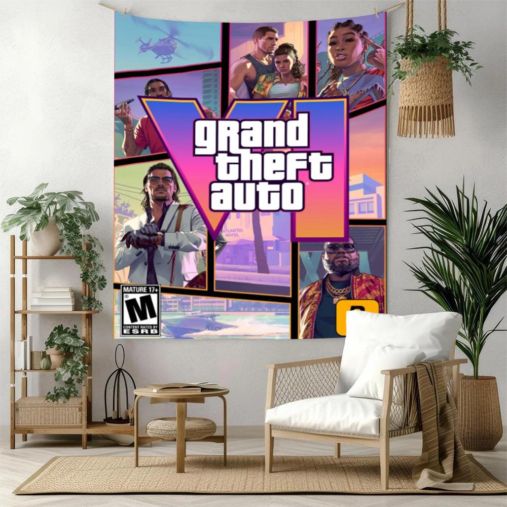 Grand Theft Auto Vintage Vægtæppe Retro Boho Ideel til Balkon Kollegievæg Soveværelse Alsidig Dekoration Boho Dekoration Gave til Nyt Hjem