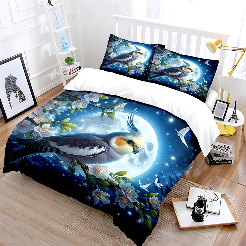 Cockatiel Perched In Moonlit Blossoms Print Bedding Set 1Duvet Cover 2 Pillowcases for Adult and Children Luxury Gift Full Size