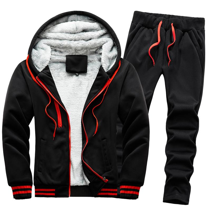 Autumn and Winter Men's Casual Plus Plush Thick Hooded Suit Men's Warm Hoodie Jacket Men's Casual Plus Plush Thick Two-piece Set